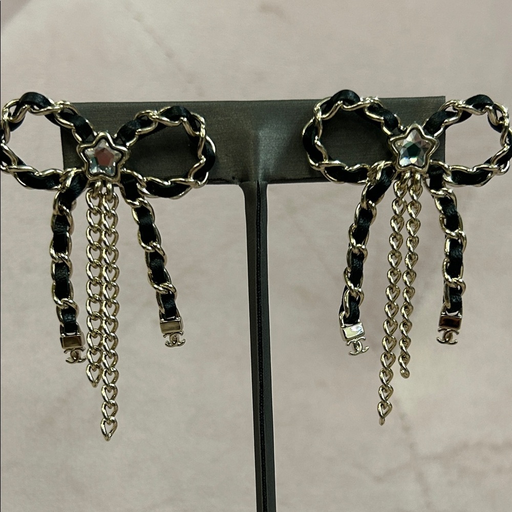 Chanel Bow Chain Drop Earrings Silver & Black Leather